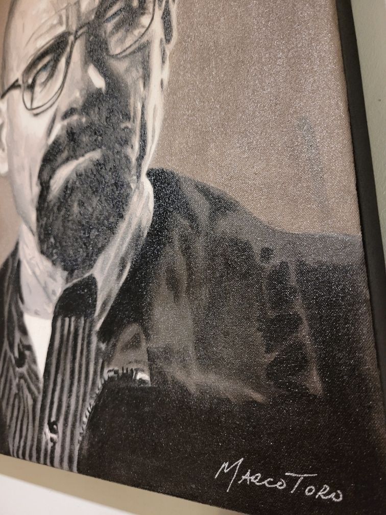 Oil painting portrait of Walter White, the iconic character from Breaking Bad, with a serious expression, bald head, glasses, and goatee, wearing a jacket and striped shirt, painted in grayscale tones.