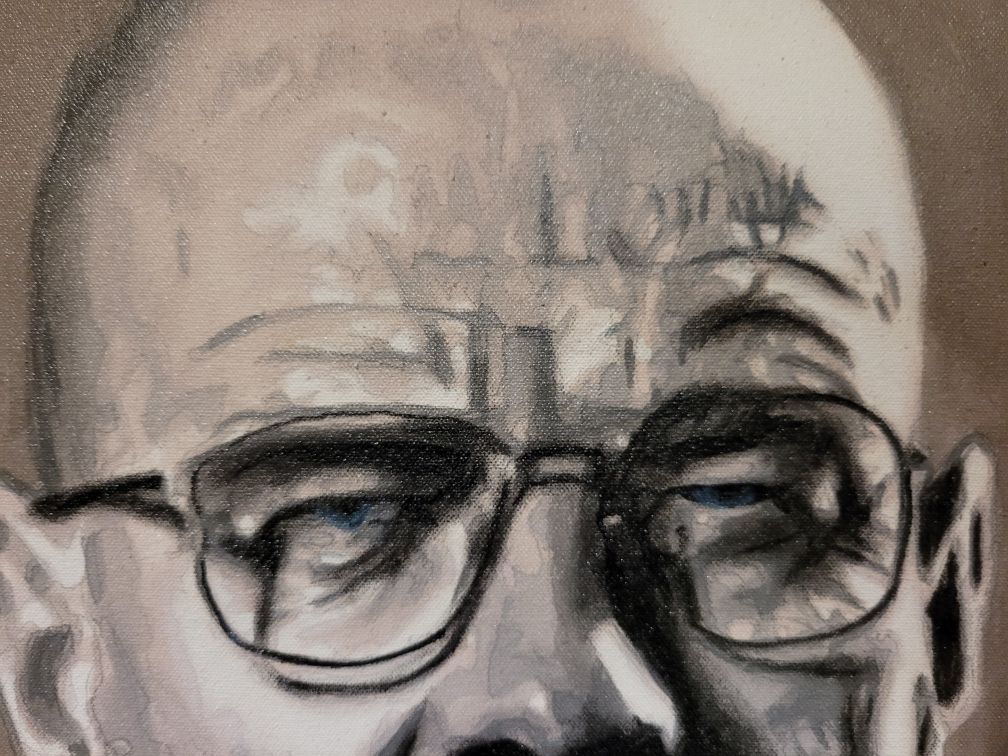 Oil painting portrait of Walter White, the iconic character from Breaking Bad, with a serious expression, bald head, glasses, and goatee, wearing a jacket and striped shirt, painted in grayscale tones.