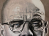 Oil painting portrait of Walter White, the iconic character from Breaking Bad, with a serious expression, bald head, glasses, and goatee, wearing a jacket and striped shirt, painted in grayscale tones.