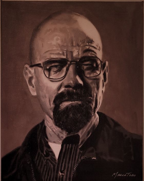 Oil painting portrait of Walter White, the iconic character from Breaking Bad, with a serious expression, bald head, glasses, and goatee, wearing a jacket and striped shirt, painted in grayscale tones - Low light.