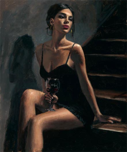 fabian perez girl with red at stairs ii
