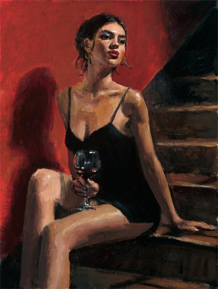 fabian perez girl with red at stairs red wall