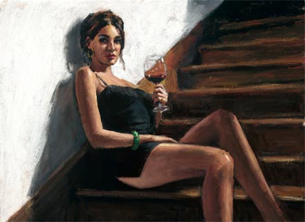 fabian perez girl with red at stairs