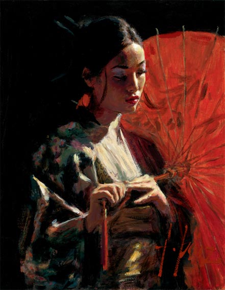 fabian perez michiko with red umbrella