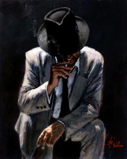 fabian perez smoking under the light with white suit