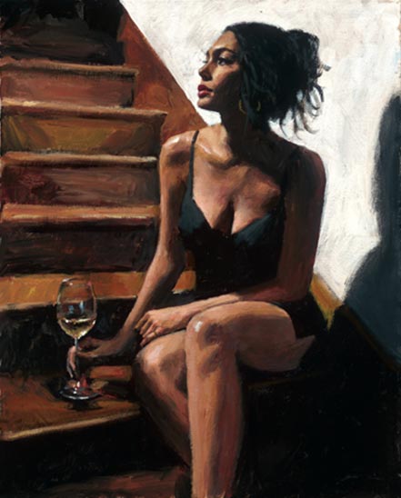 fabian perez white wine on the stairs