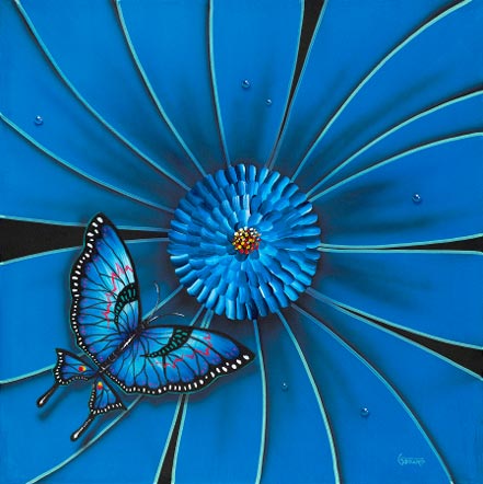 michael godard blue flower butterfly
