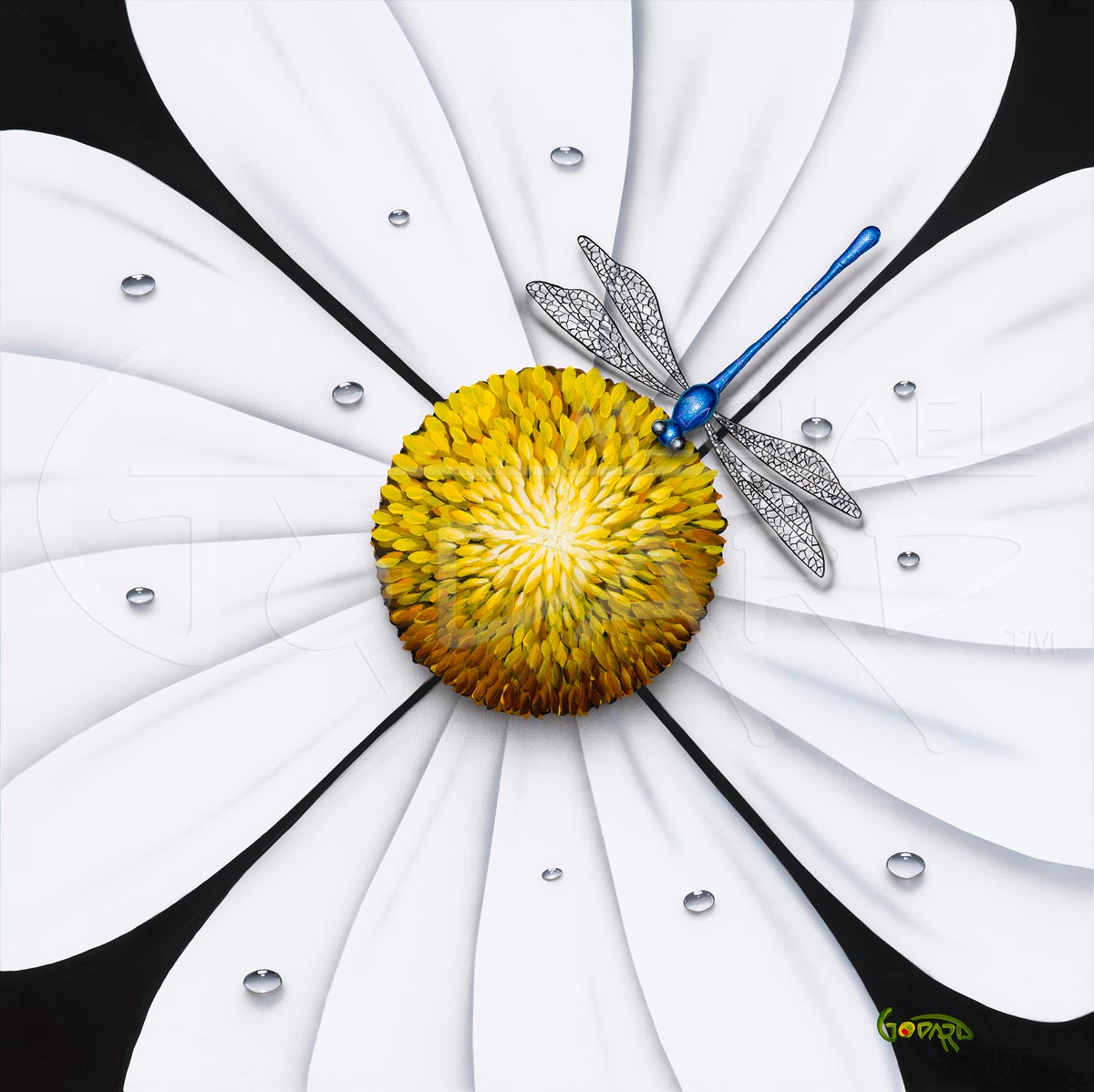 michael godard flower series white flower dragonfly