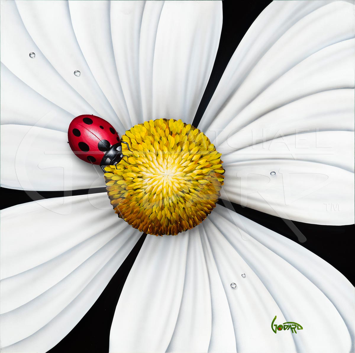 michael godard flower series white flower ladybug