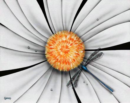 michael godard white flower dragonfly