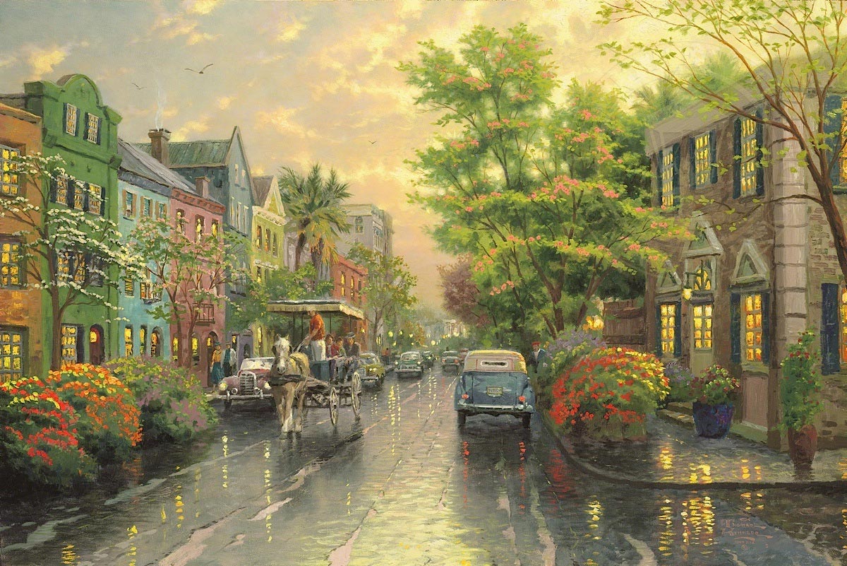 thomas kinkade charleston sunset on rainbow row