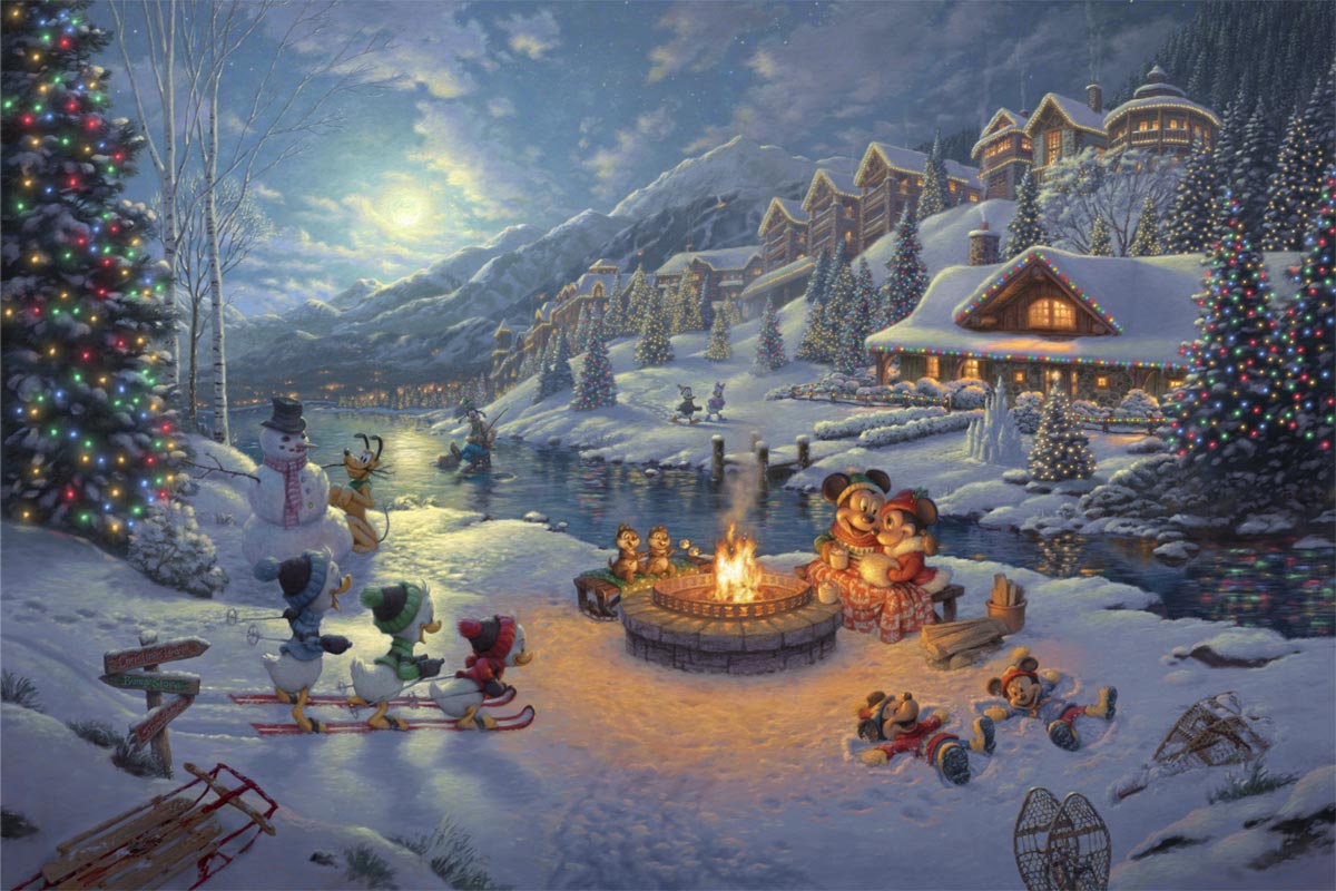 thomas kinkade mickey and minnie christmas lodge